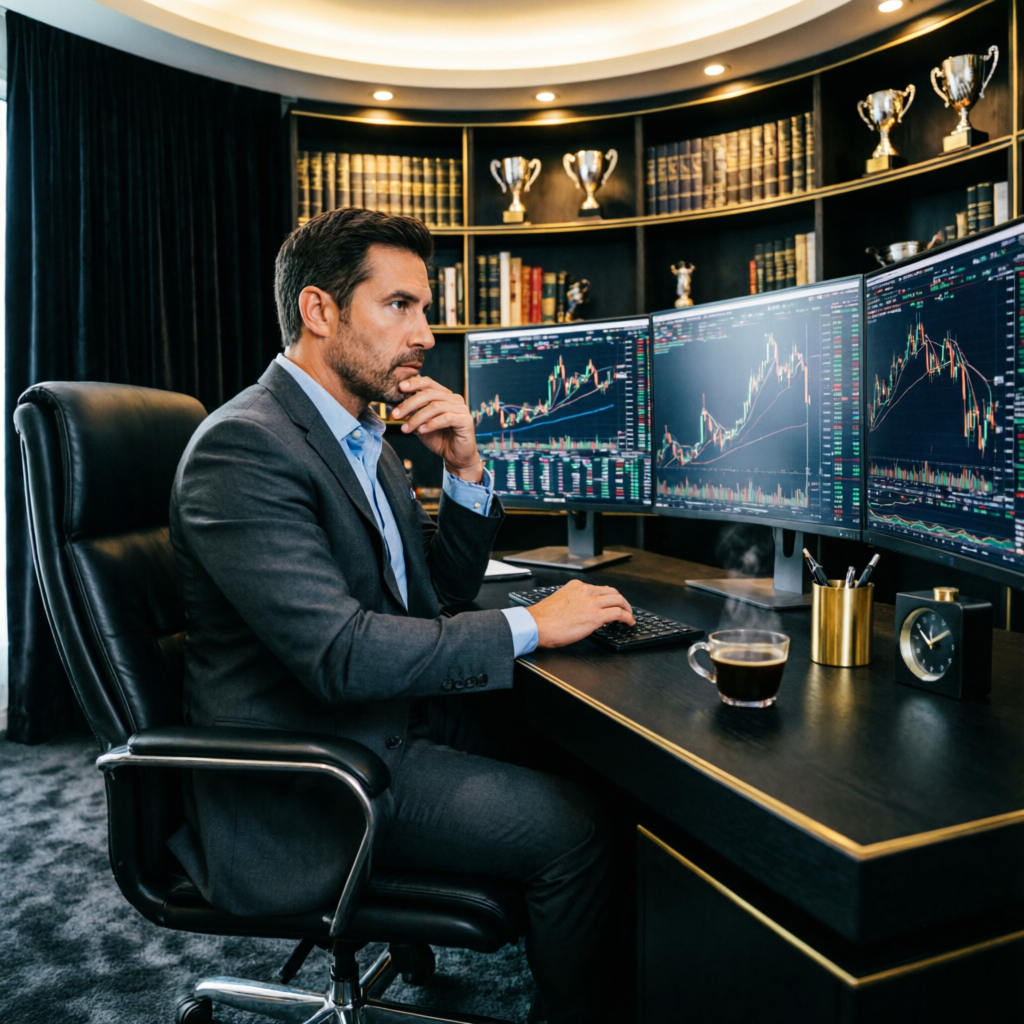 Professional trader analyzing futures trading charts in luxury office
