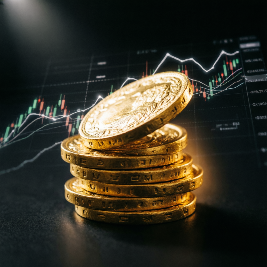 Gold coins with trading charts in background representing profits