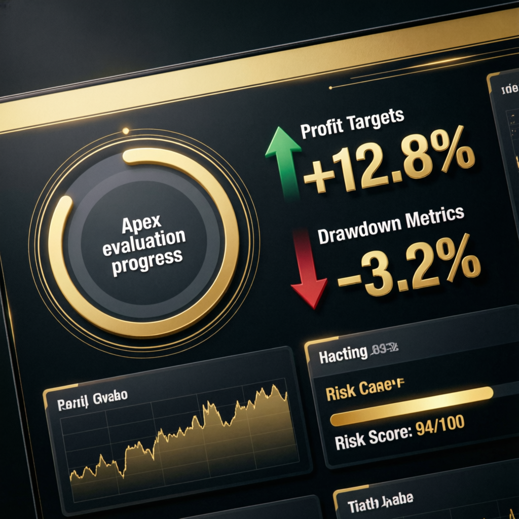 Apex evaluation dashboard showing profit targets and drawdown metrics