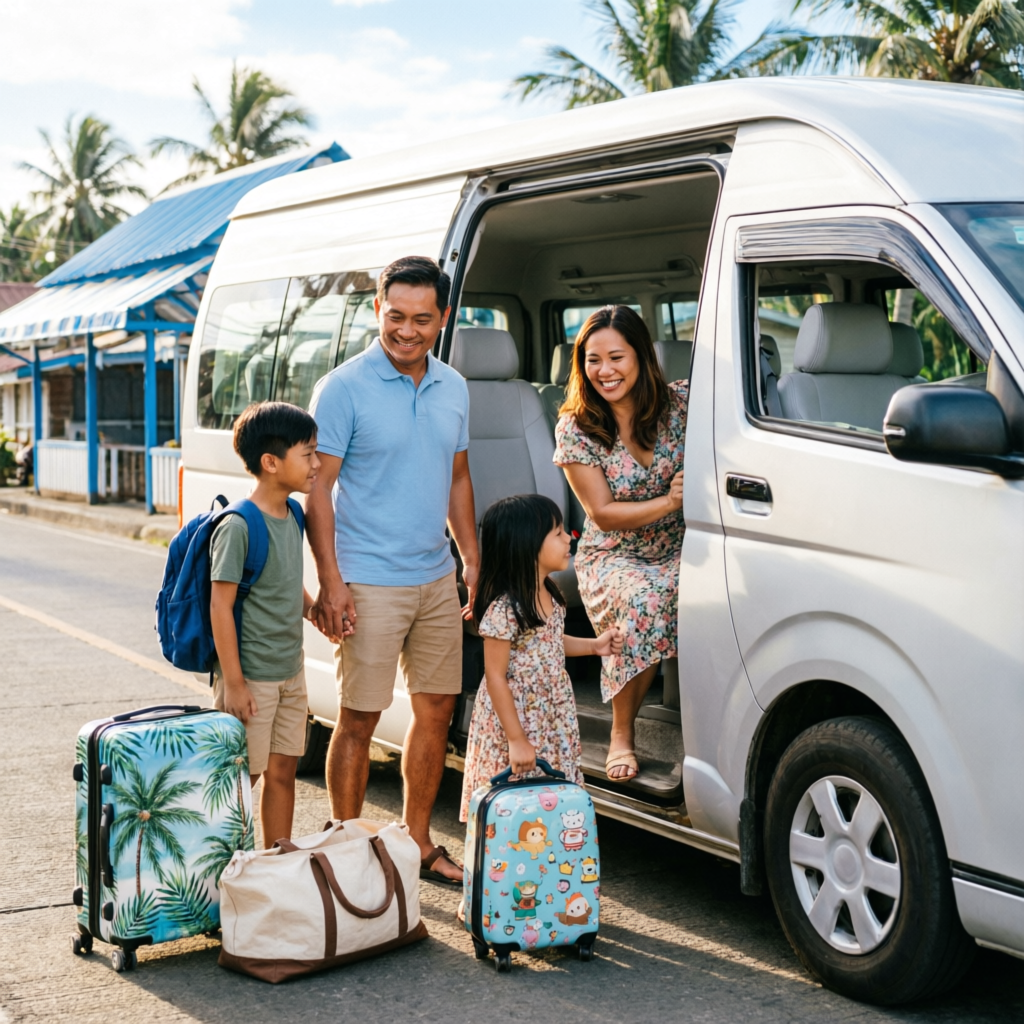 Family beside van