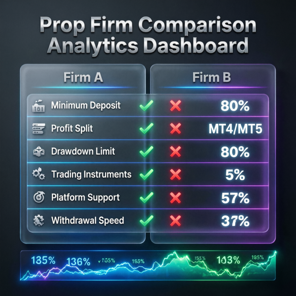 Prop firm comparison analytics dashboard showing feature comparison