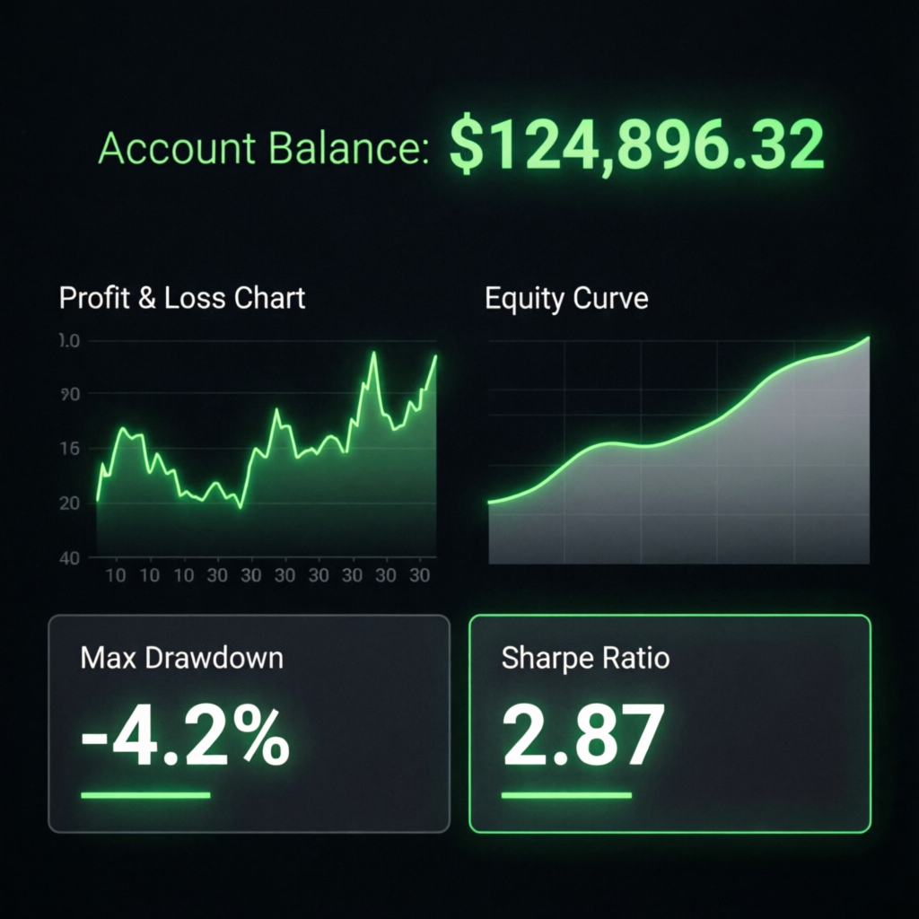 Trading dashboard showing account balance, profit and loss chart, equity curve, max drawdown and Sharpe ratio