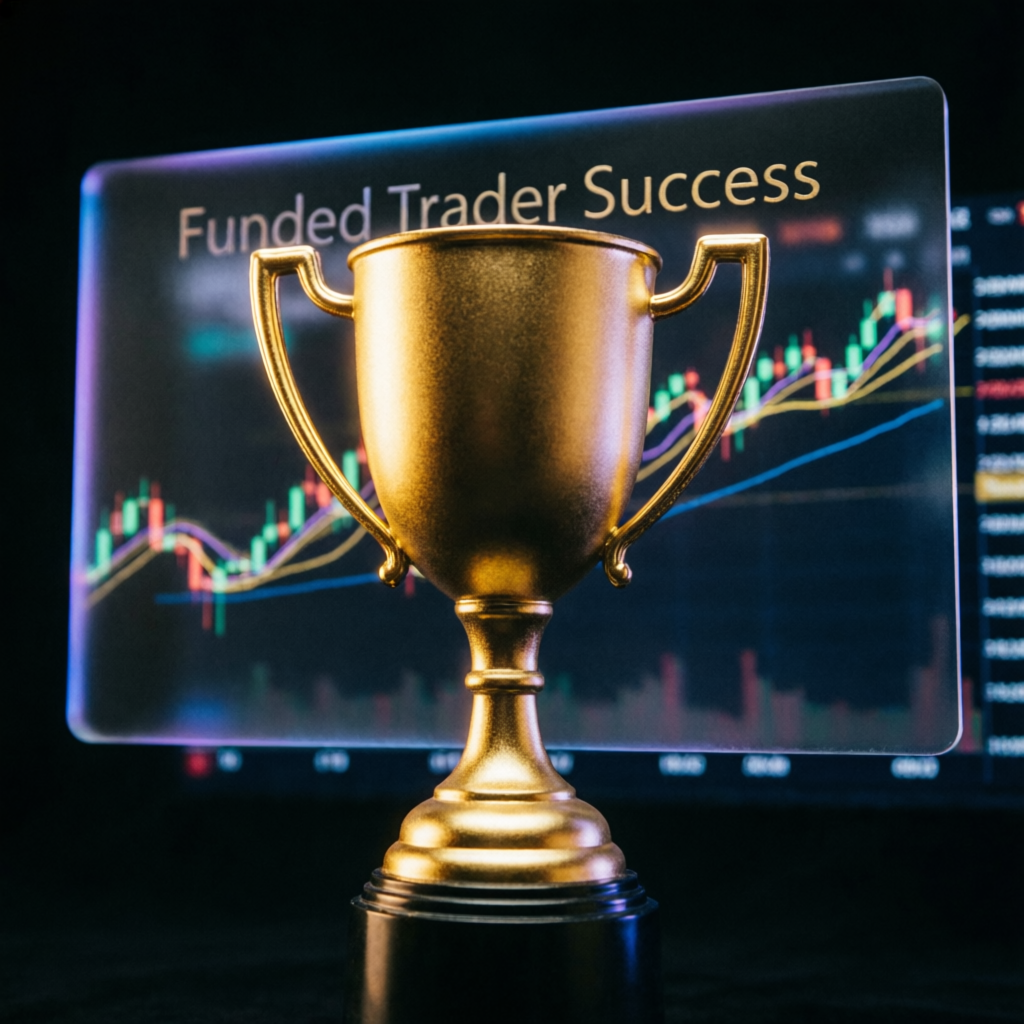 Funded trader success trophy with trading charts in background