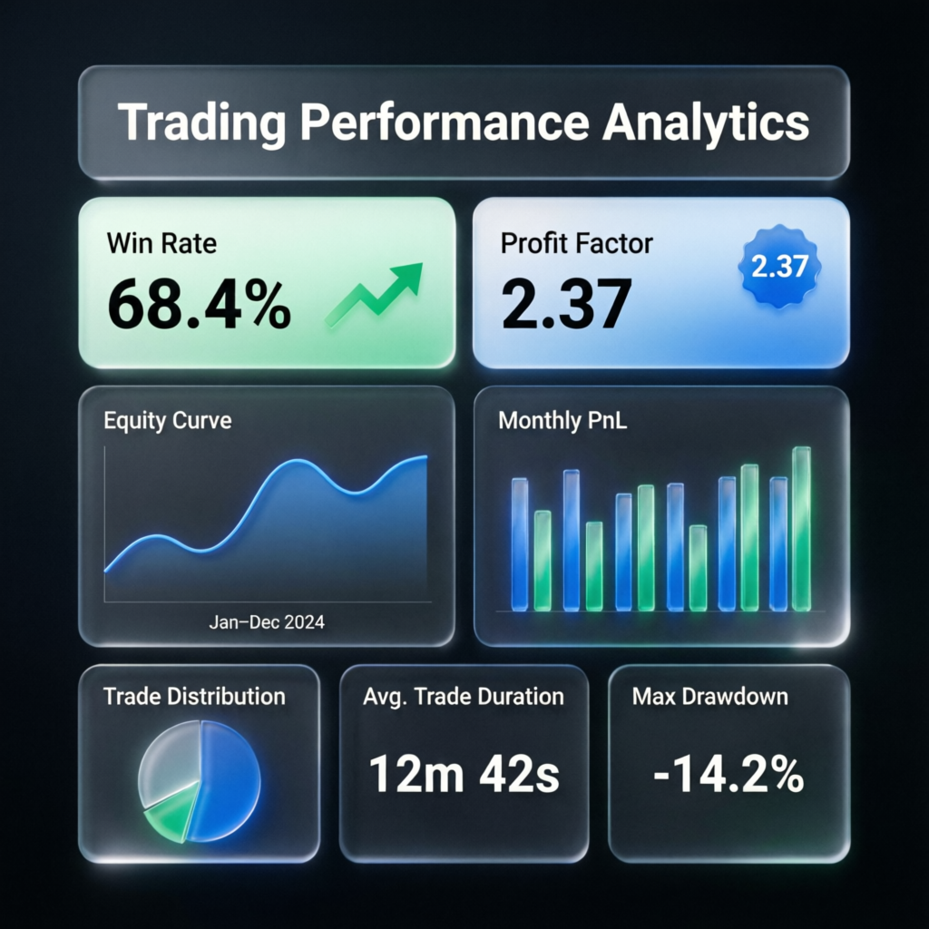 Trading performance analytics dashboard with win rate, profit factor, equity curve