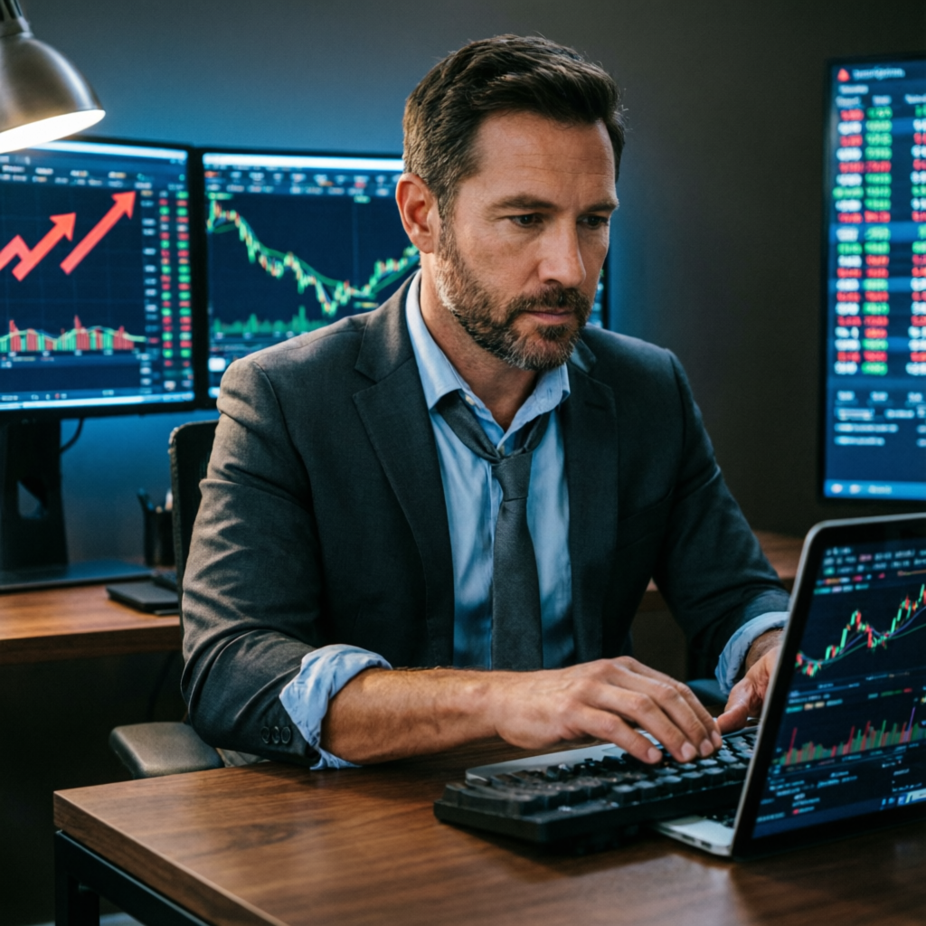 Professional trader reviewing portfolio performance on laptop