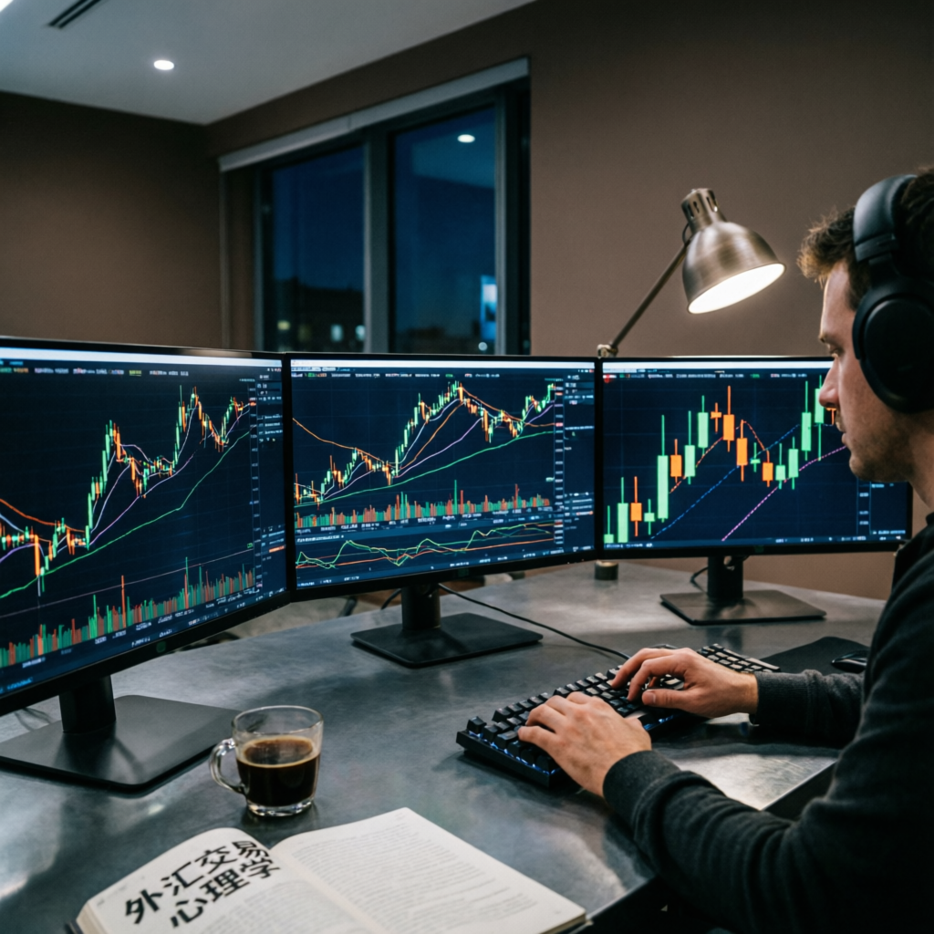 Professional forex trader at multi-monitor trading setup