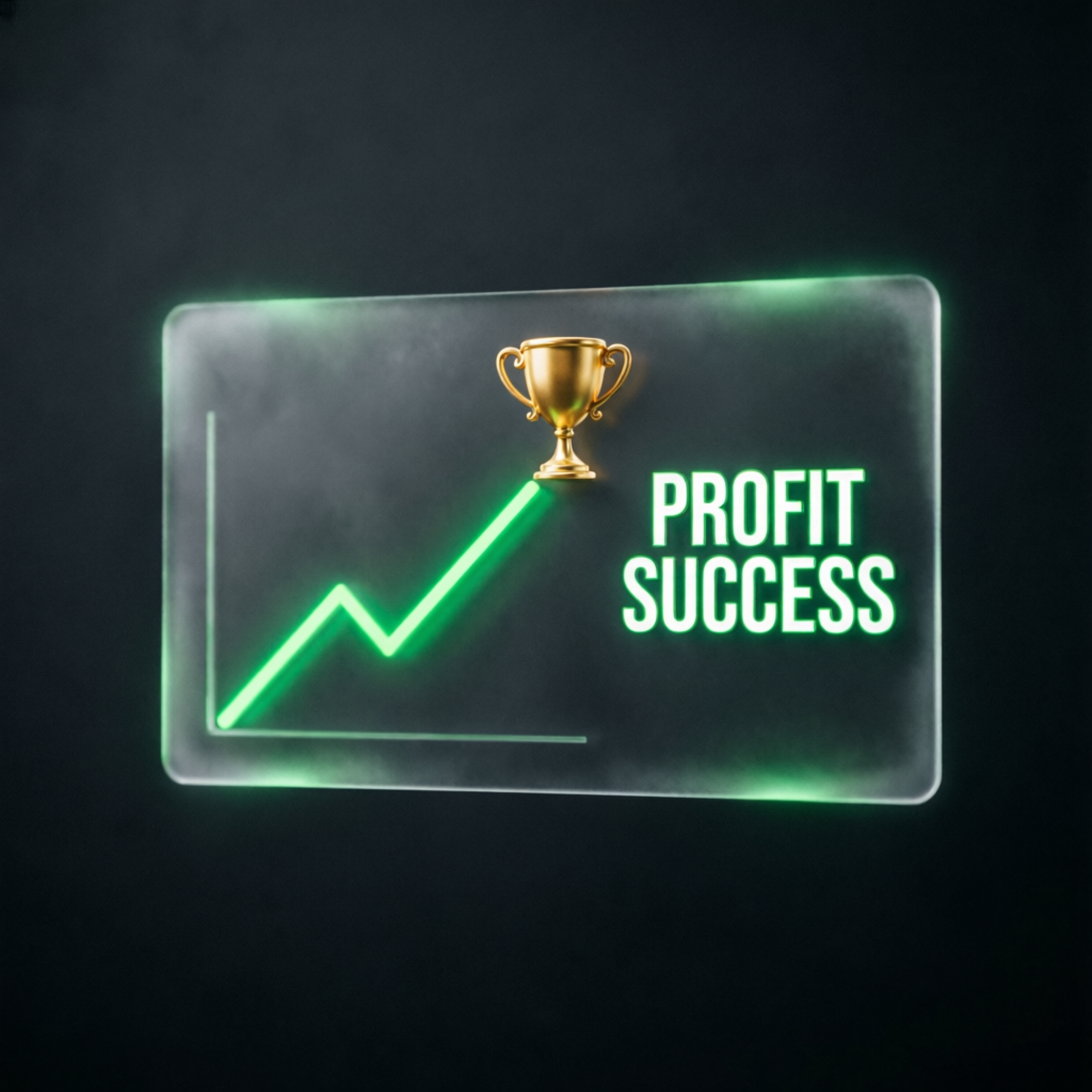 Prop firm challenge passing success with profit chart and trophy
