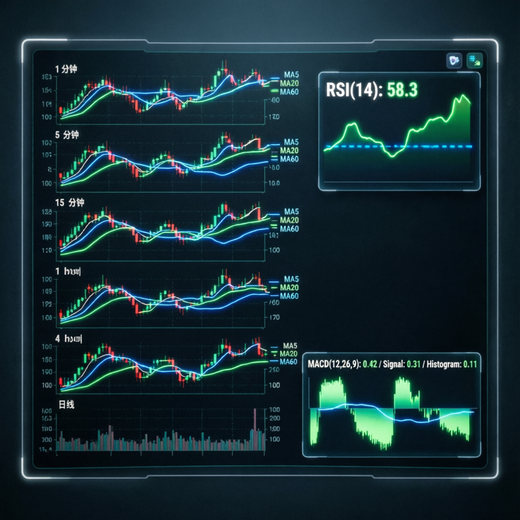 Trading strategy visualization with multiple timeframes and technical indicators