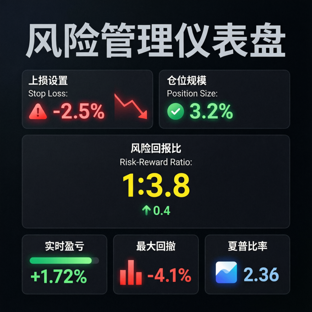 Risk management dashboard showing stop loss, position size, risk-reward ratio