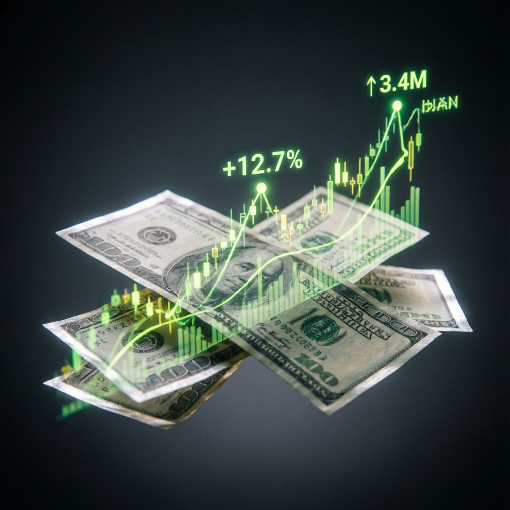 Payout success with dollar bills and profit chart overlay