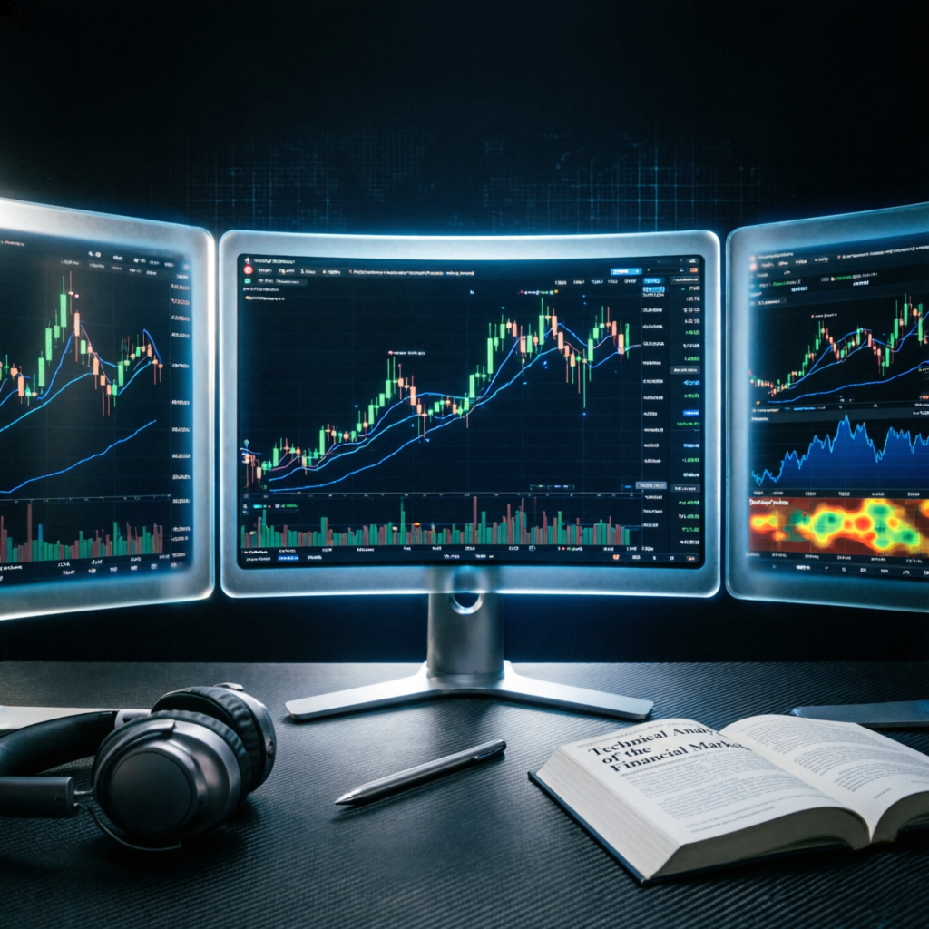 Professional forex trader workspace with multiple trading dashboards