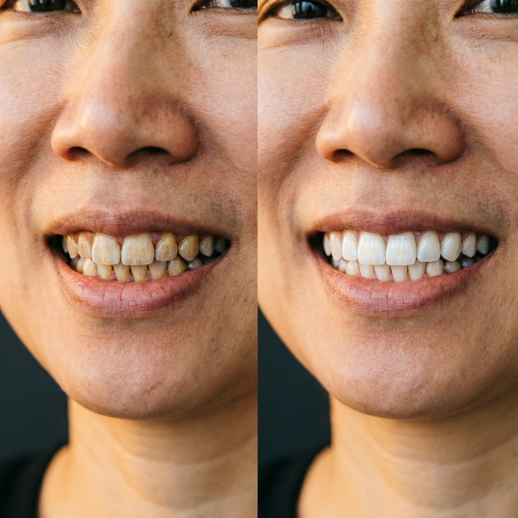 Comparação antes e depois do mesmo sorriso: à esquerda, dentes manchados; à direita, sorriso transformado com lentes