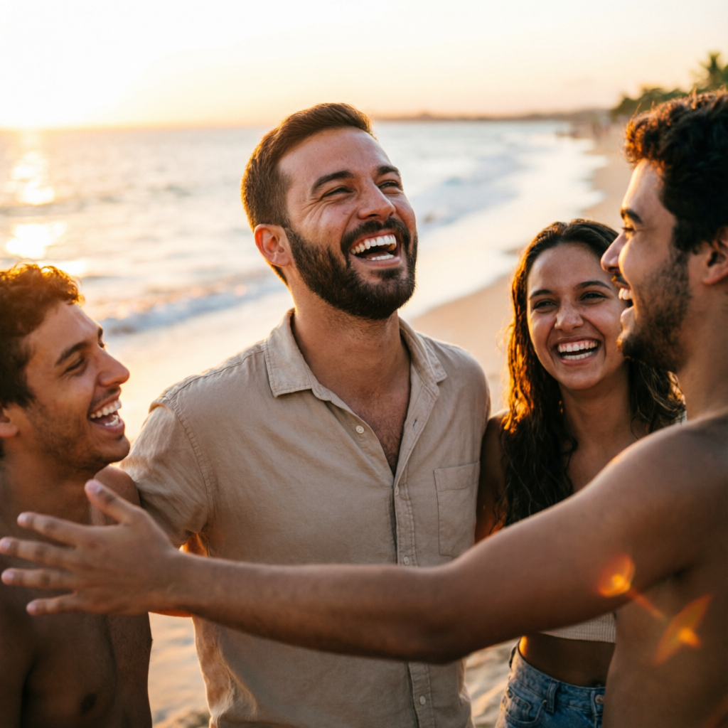Grupo de amigos rindo na praia ao pôr do sol, com sorrisos naturais