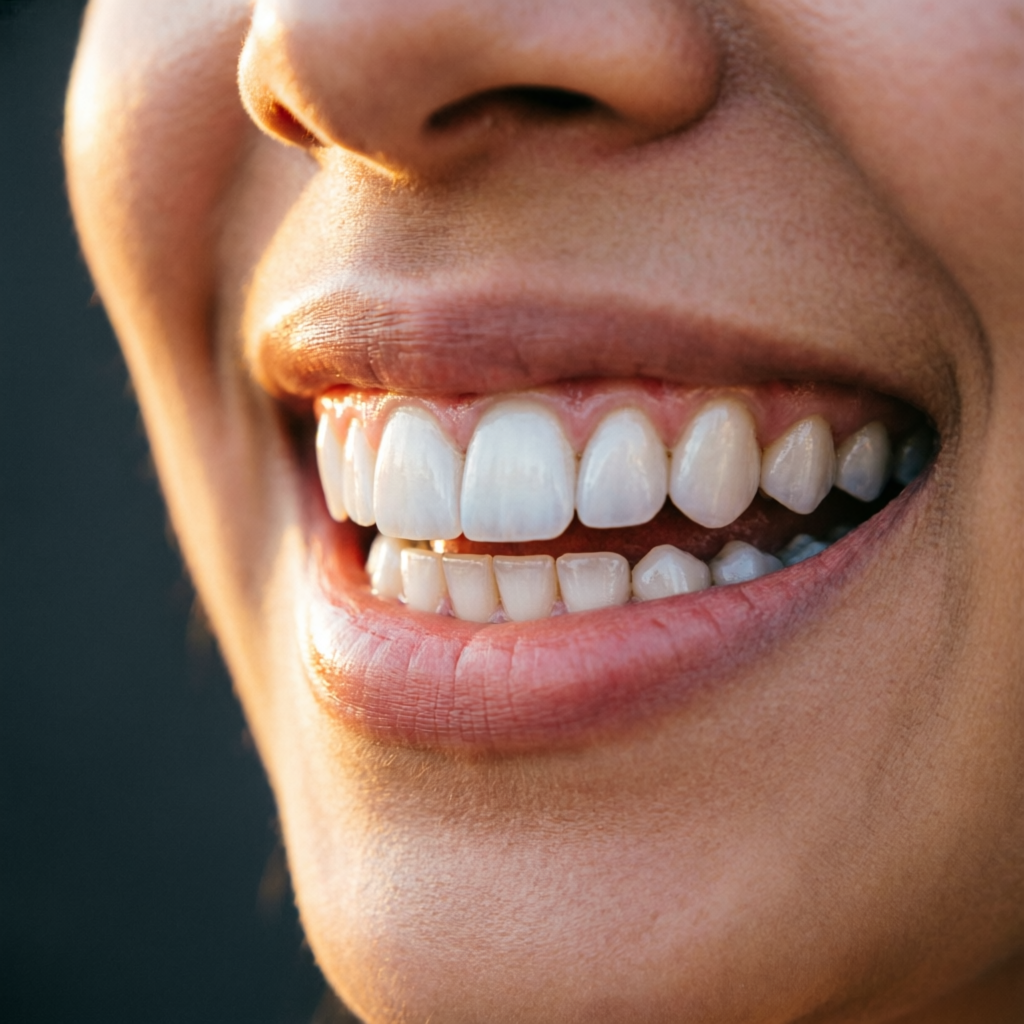 Macro de sorriso com facetas de acabamento natural, em luz quente
