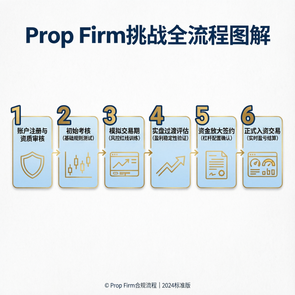 Prop firm challenge process flowchart showing account registration, evaluation phases, and funded trading steps