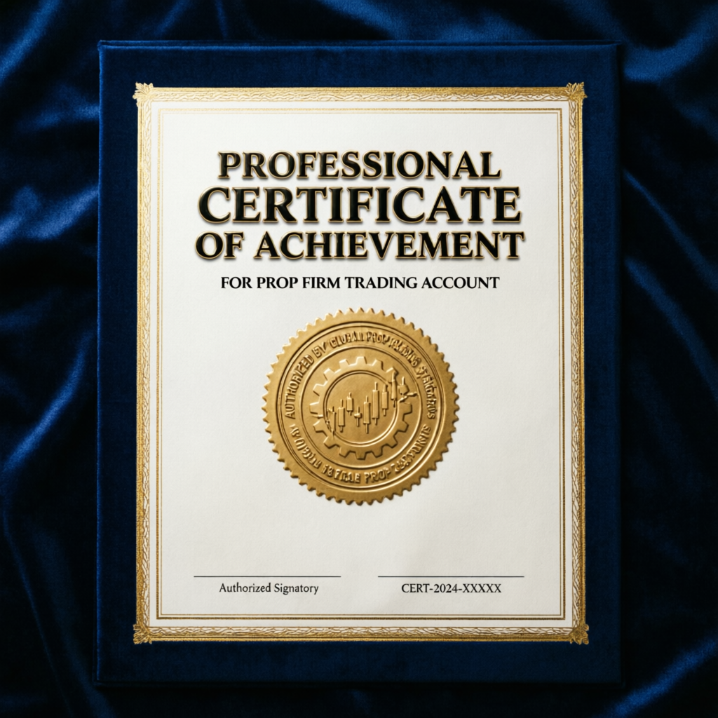 Professional certificate of achievement for successful prop firm trading account completion by PFM Capitals