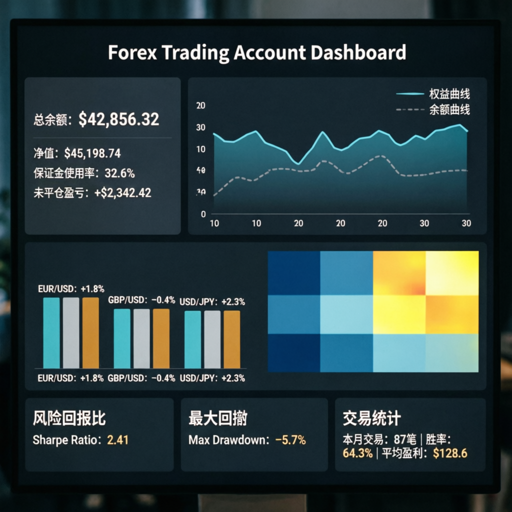 Forex trading account dashboard showing performance metrics, equity curves, and trading statistics for Blueberry Funded evaluation