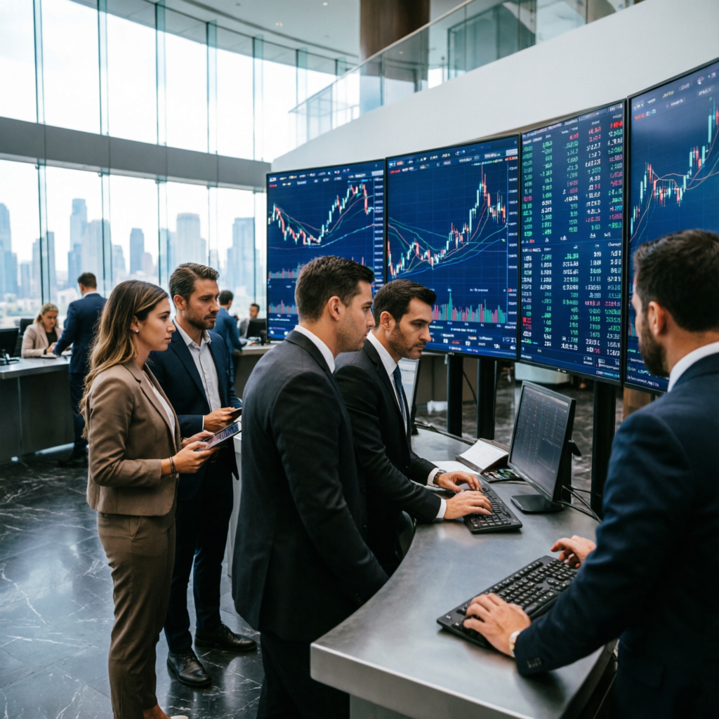Professional trading team at PFM Capitals analyzing forex market data on multiple screens