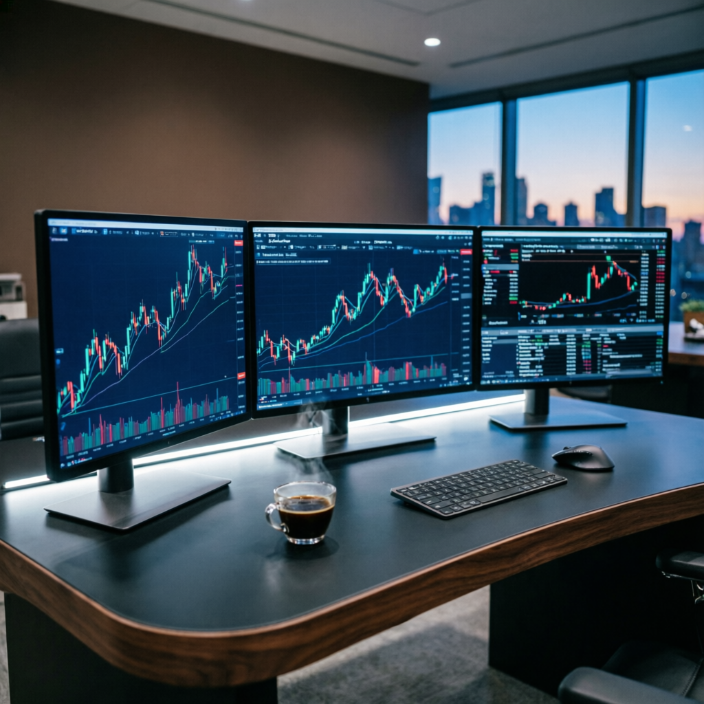 Professional forex trading setup with multiple monitors displaying live charts - Blueberry Funded trading environment