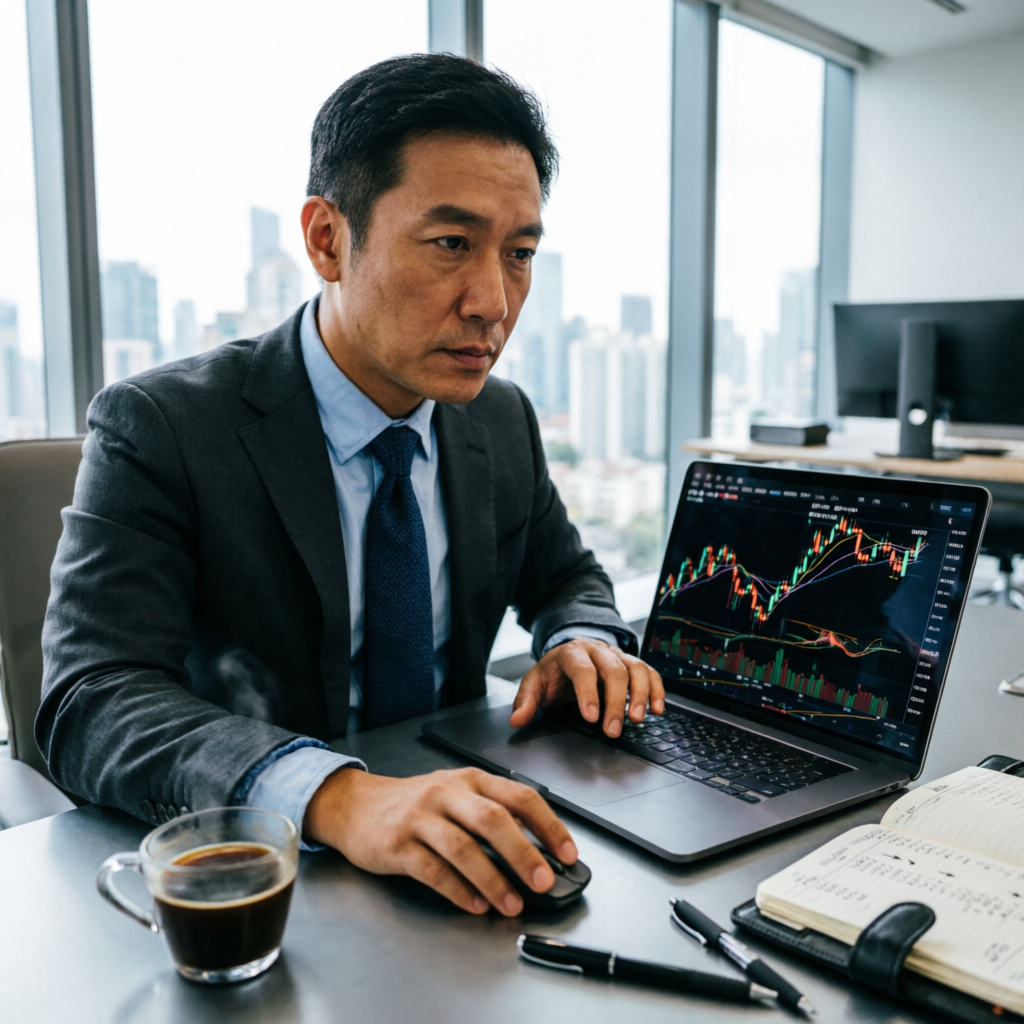 Professional trader analyzing forex market charts on laptop during Blueberry Funded challenge evaluation