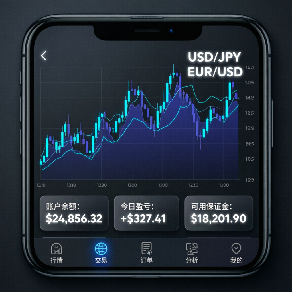Mobile trading app interface showing live forex charts with USD/JPY and EUR/USD candlestick patterns