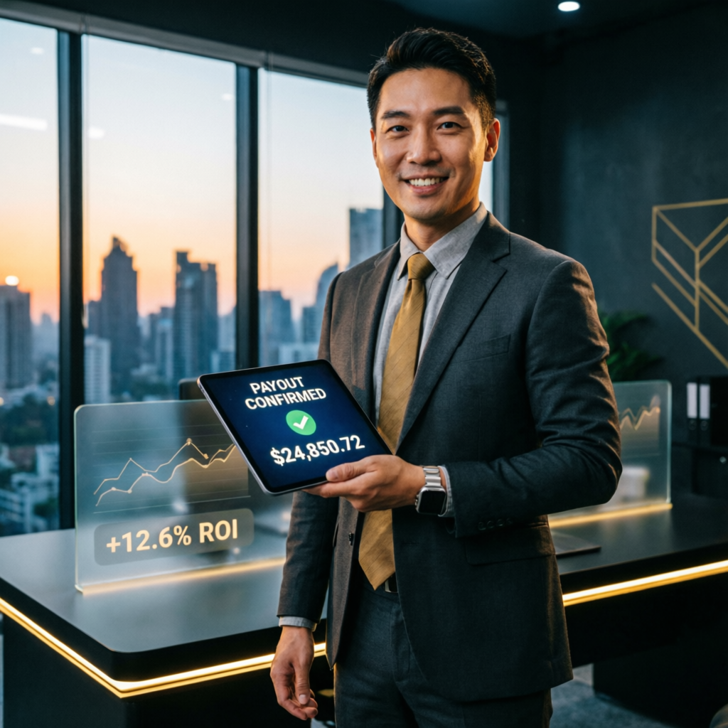 Funded trader holding tablet showing confirmed payout