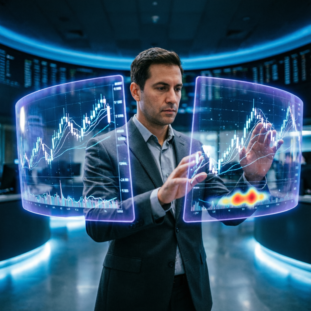 Professional trader analyzing multiple holographic charts