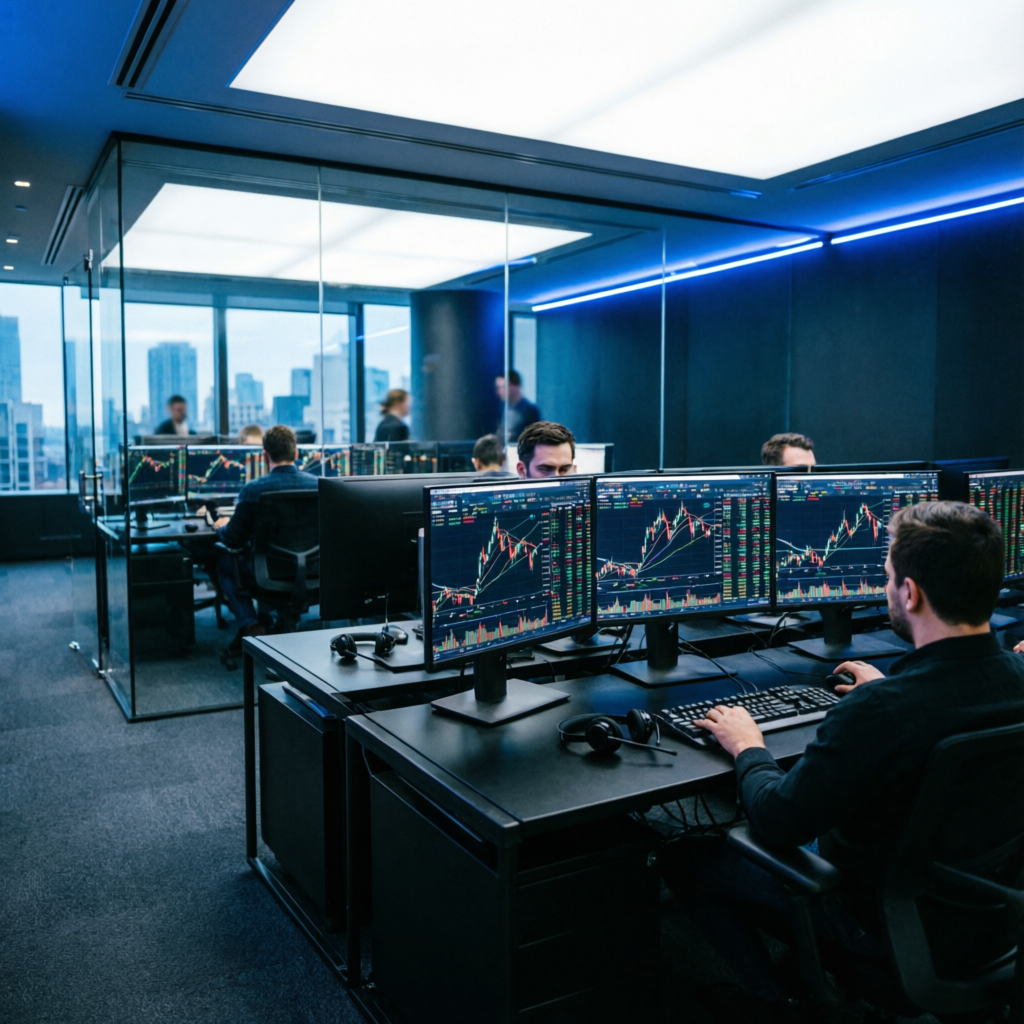 Modern prop firm trading office with multiple traders