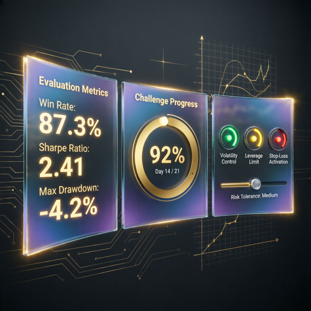 Topstep evaluation metrics showing win rate and challenge progress