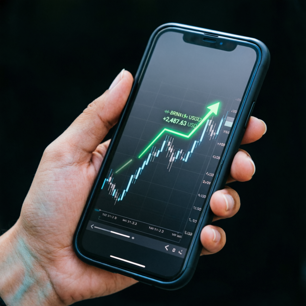 Mobile trading app showing live forex chart on smartphone