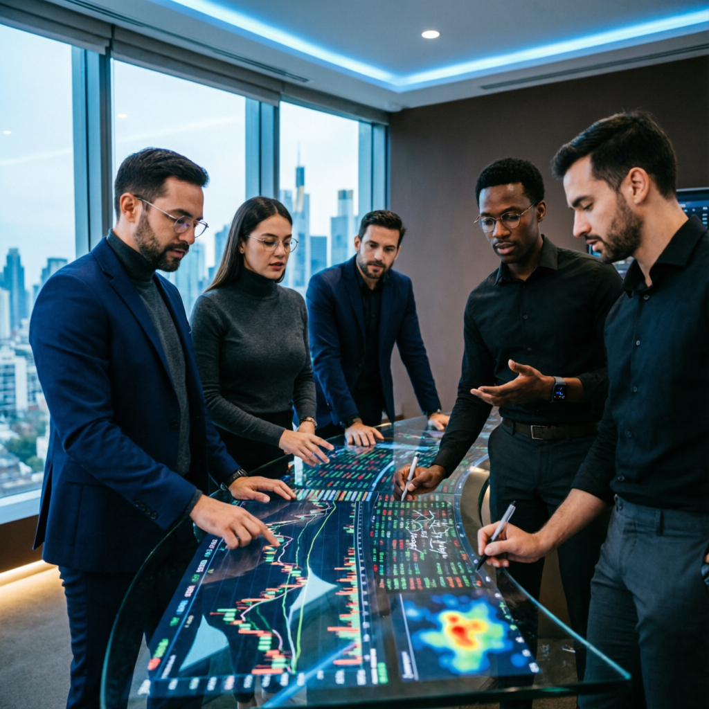 Elite team of professional prop traders collaborating on strategies