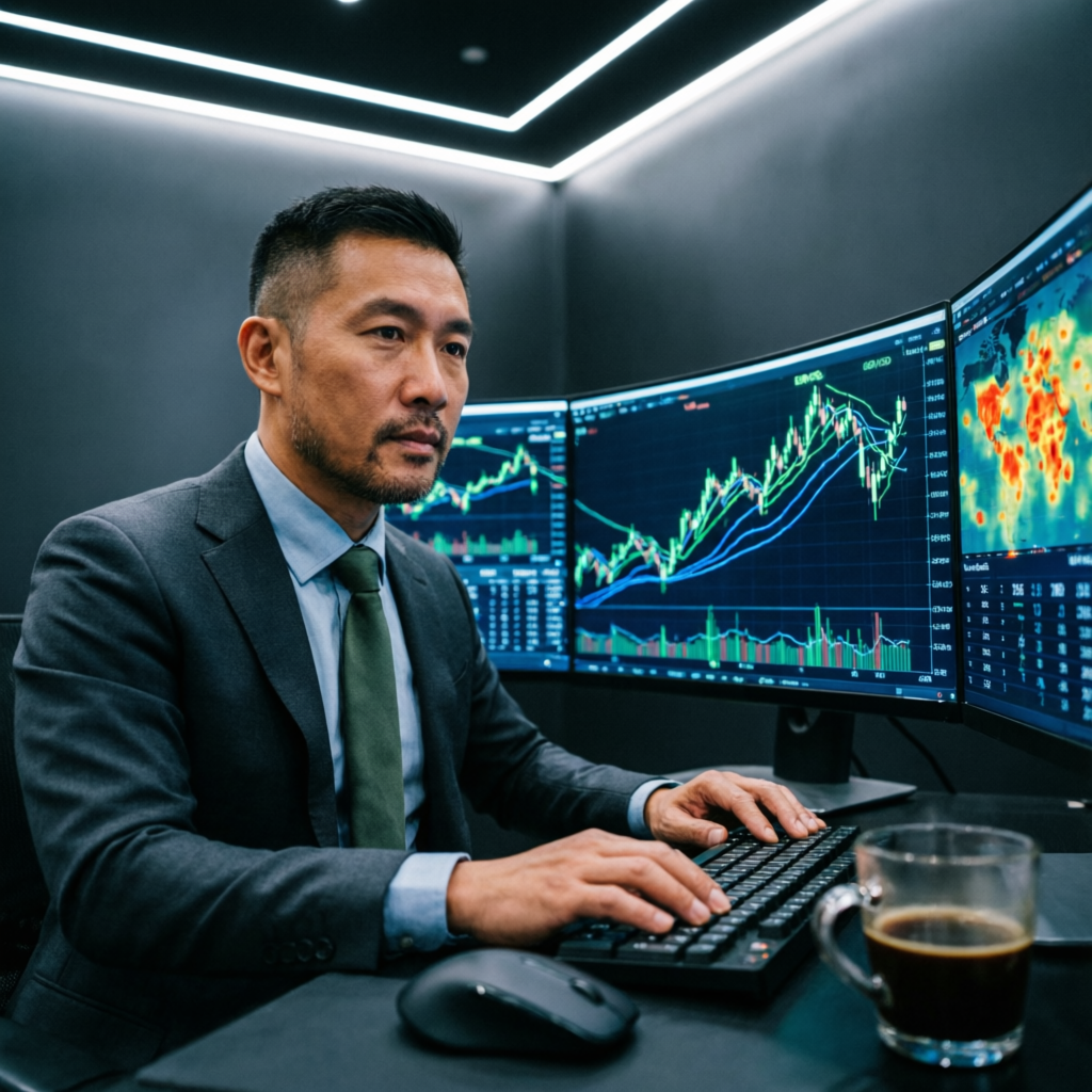 Professional trader at multi-monitor trading desk