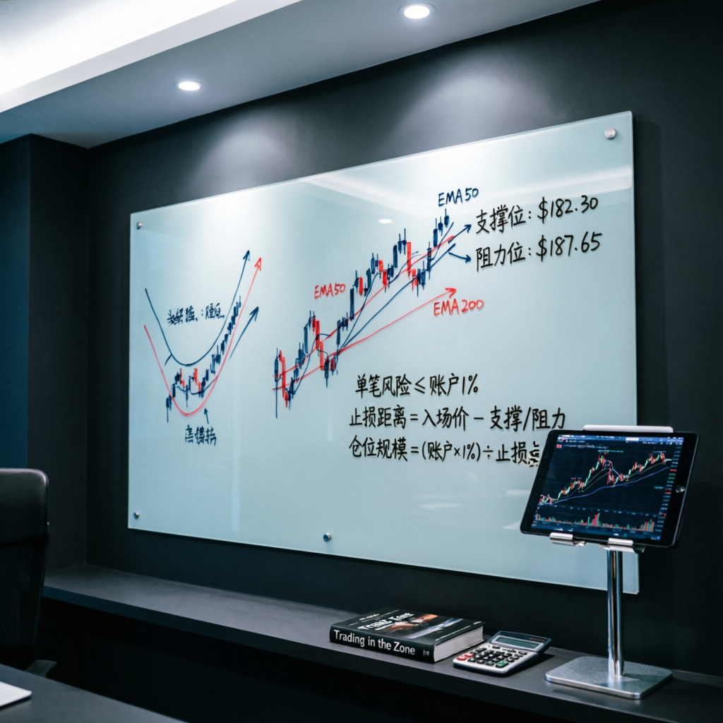 Trading strategy whiteboard with technical analysis patterns