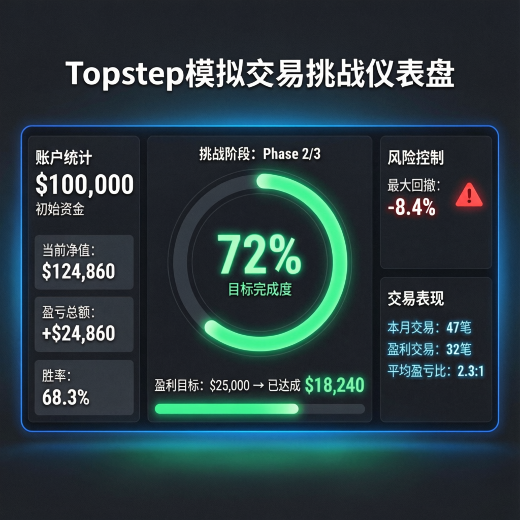 Topstep trading dashboard showing challenge progress and funded account metrics