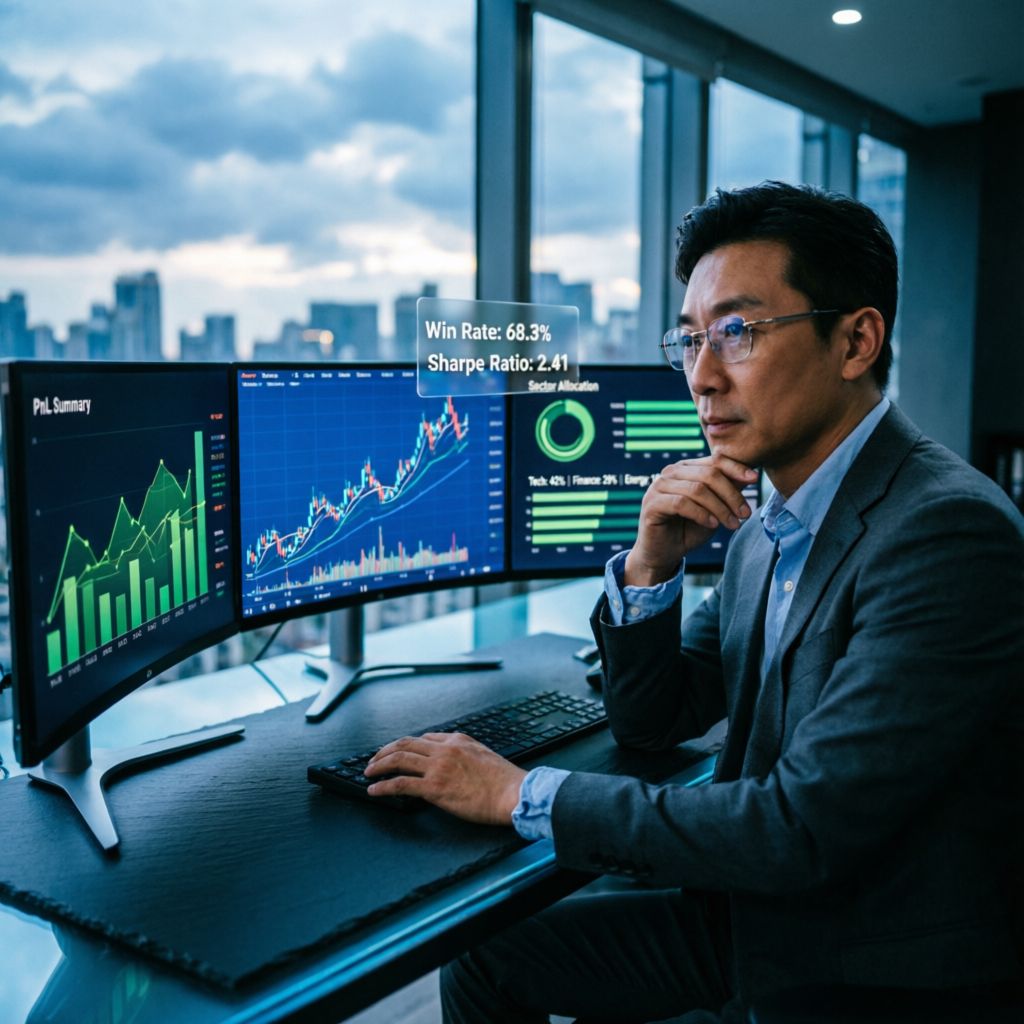 Professional trader analyzing performance analytics on multiple screens