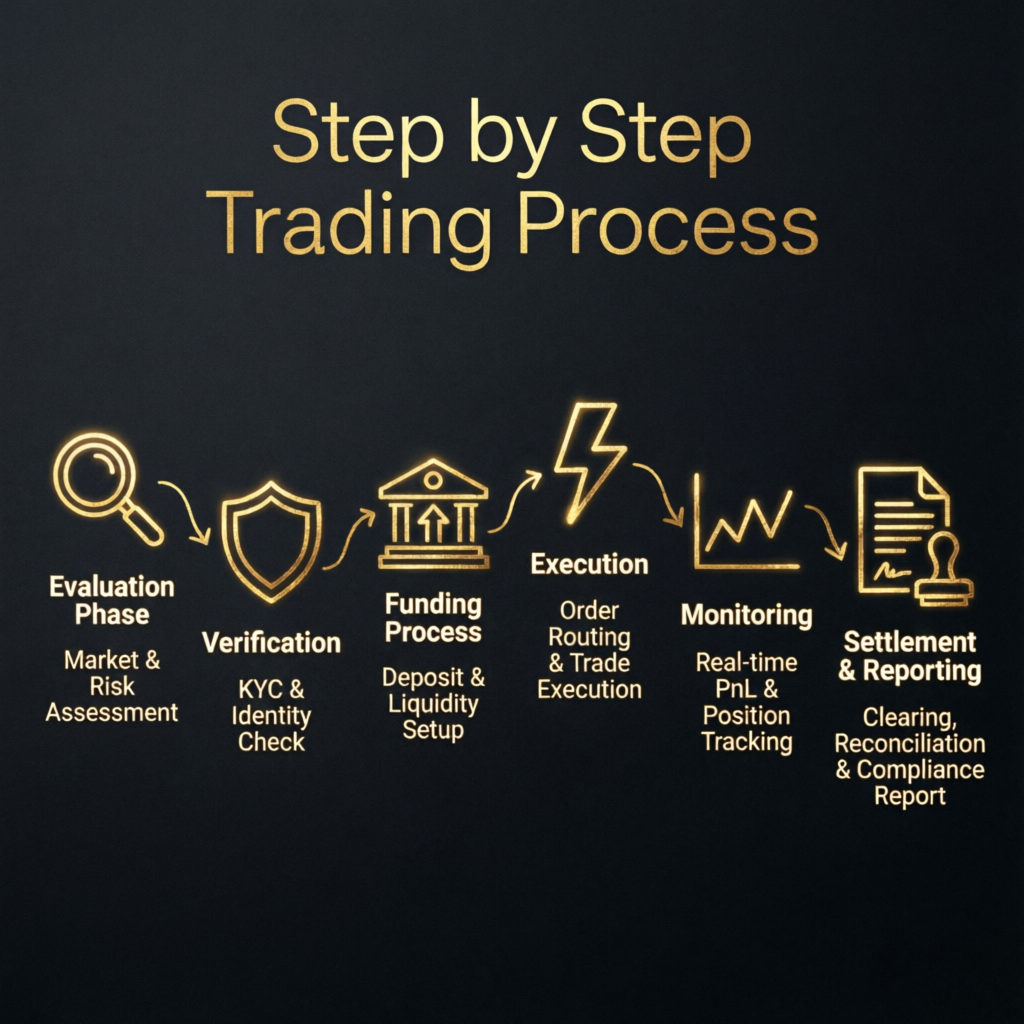 Step by step trading process workflow diagram showing evaluation to settlement