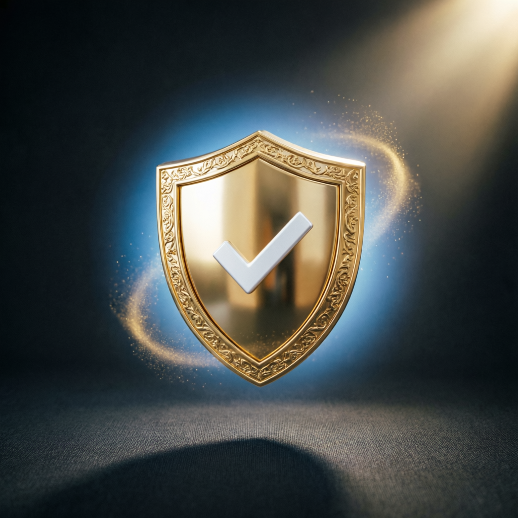Golden shield with checkmark representing trust and security in financial services