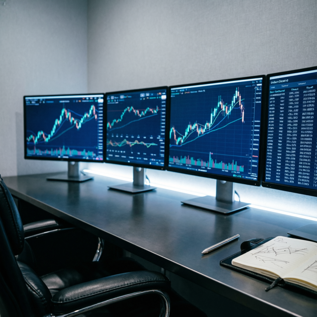 Professional trading desk with multiple monitors displaying forex charts - PFM Capitals