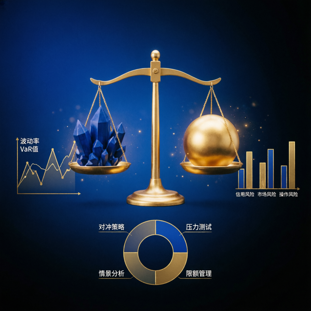 Financial risk management visualization with golden scales balancing risk and reward