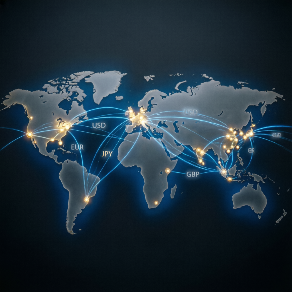 Global forex market visualization with connected currency exchange points worldwide