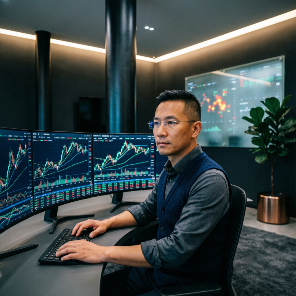 Professional forex trader analyzing multiple screen charts in modern trading office