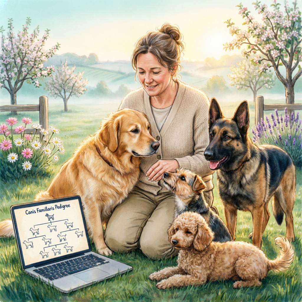 Allevatrice circondata dai suoi cani con laptop che mostra un albero genealogico