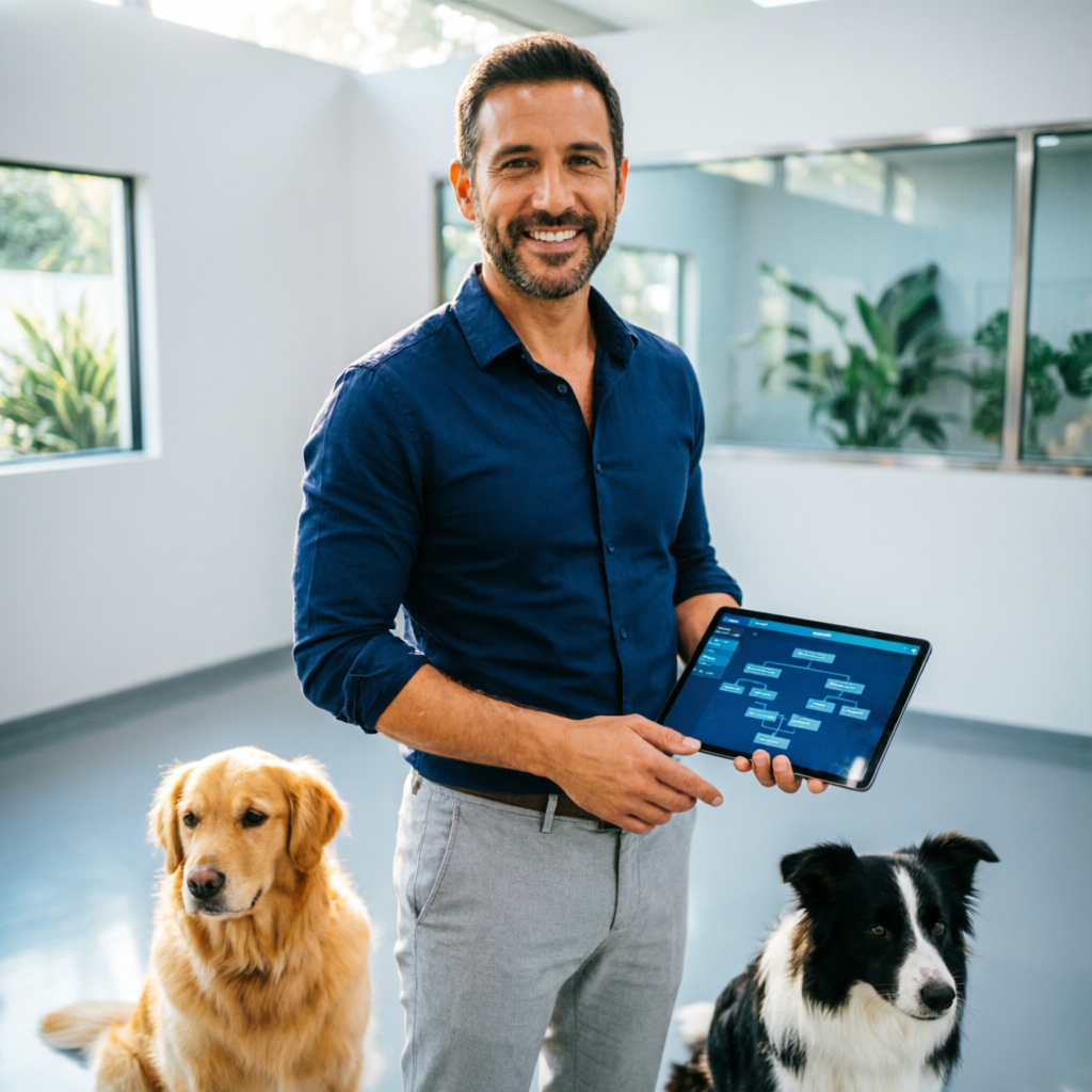 Allevatore professionista con tablet che mostra la dashboard genealogica di PedigreeSmart