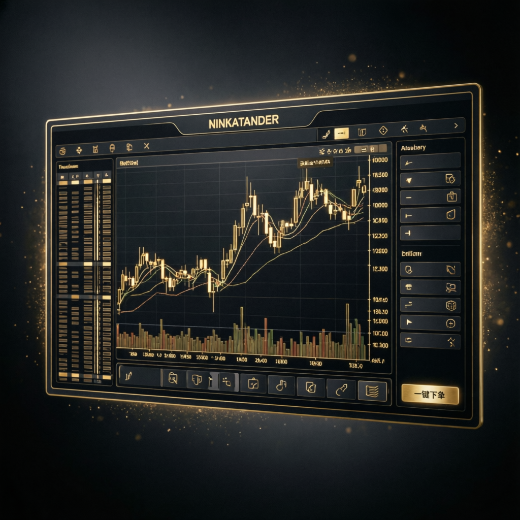 NinjaTrader platform interface with futures trading charts in luxury gold and black theme