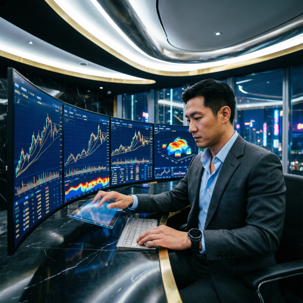 Professional trader analyzing multiple screens with Apex Trader Funding evaluation rules