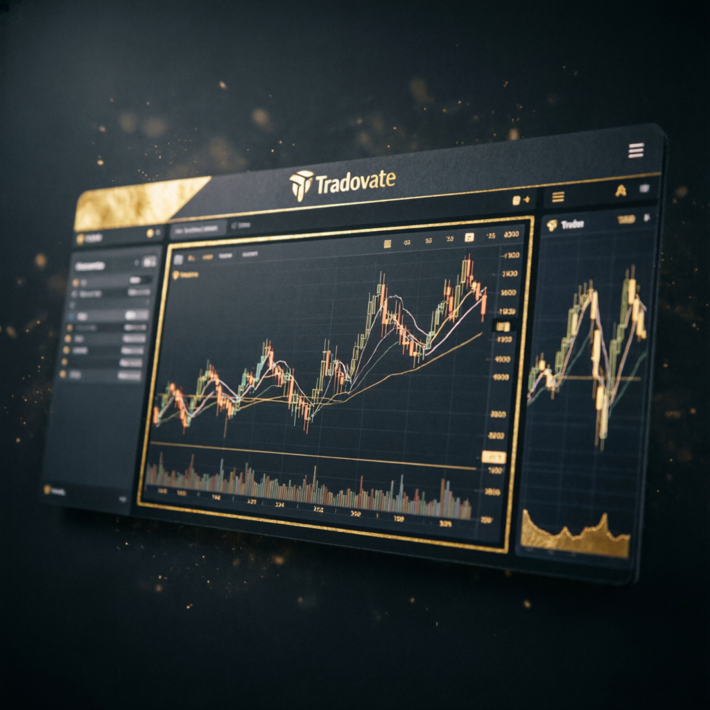 Tradovate platform interface with futures trading charts in luxury gold theme