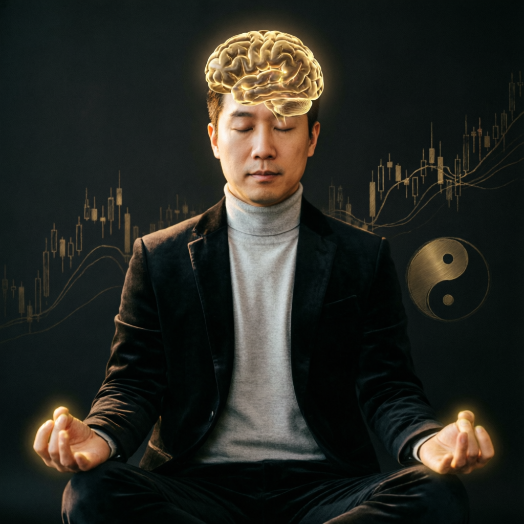 Trading psychology and mental discipline concept with golden brain visualization