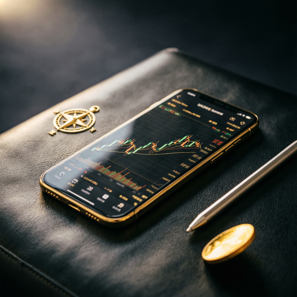 Luxury mobile trading setup with gold accents for professional futures trading
