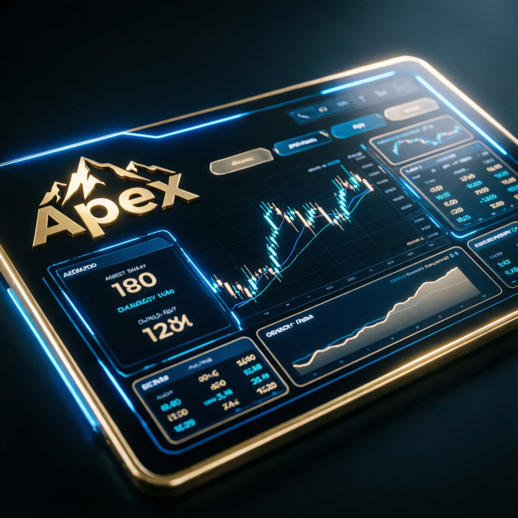 Apex Trader Funding trading dashboard with golden apex mountain peak logo and financial charts
