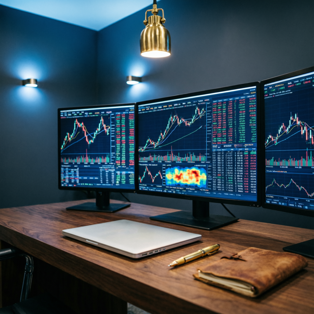 Professional trading workspace with multiple monitors showing financial charts